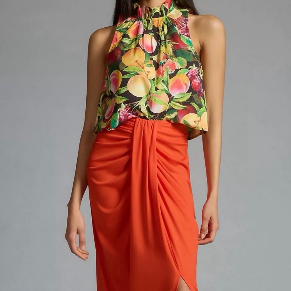 Maeve by Anthropologie Poplin Ruffle-Neck Halter Tank Fruit Tropical Print XS - Picture 13 of 13